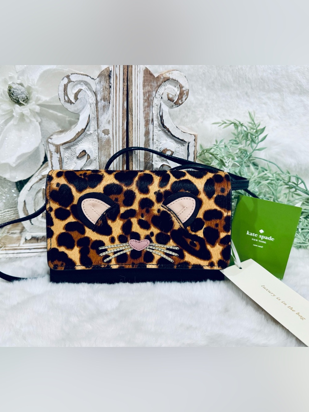 Kate Spade ♠️ Leopard Print Cat Crossbody Bag animal print on black NWT novelty